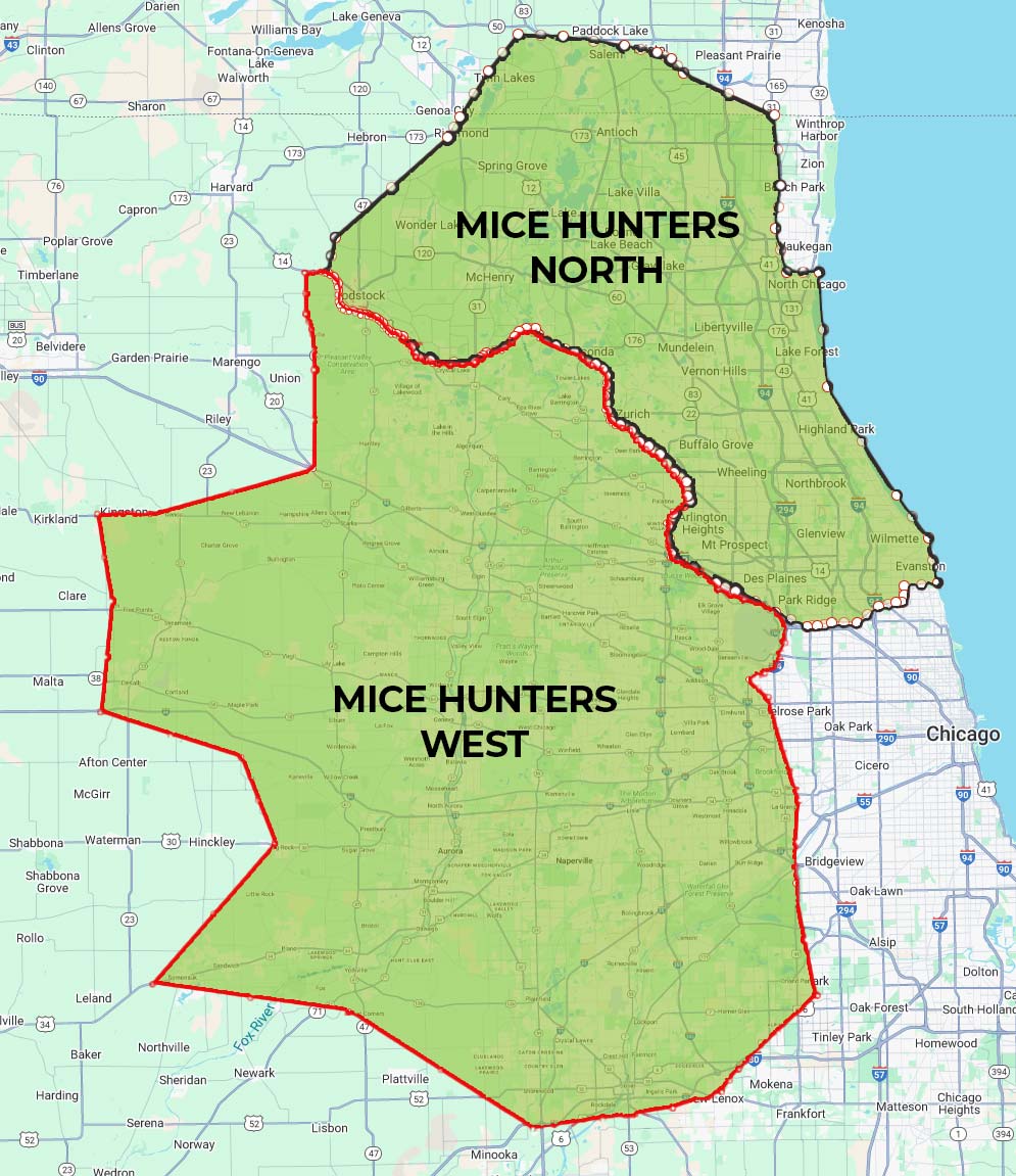 Mice Hunter's service area map in the Chicagland area.